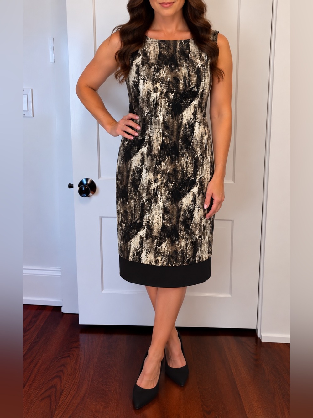 AB Studio Black and Cream Abstract Midi Shift Dress